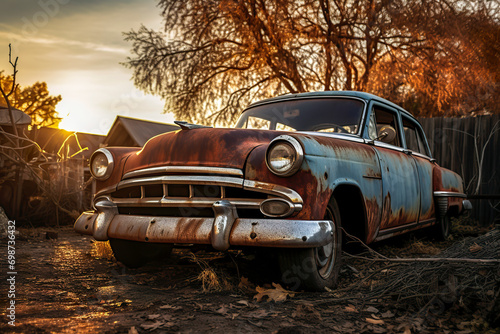 Generative AI illustration of vintage rusted car abandoned in a rural setting basking in the golden hues of a sunset photo