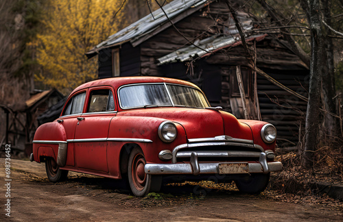 Generative AI illustration of classic red sedan stands in front of an abandoned wooden shack evoking a sense of nostalgia photo