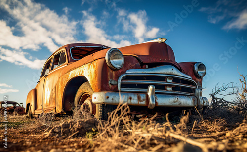 Generative AI illustration of abandoned rusty car sitting in a field under a blue sky with clouds photo