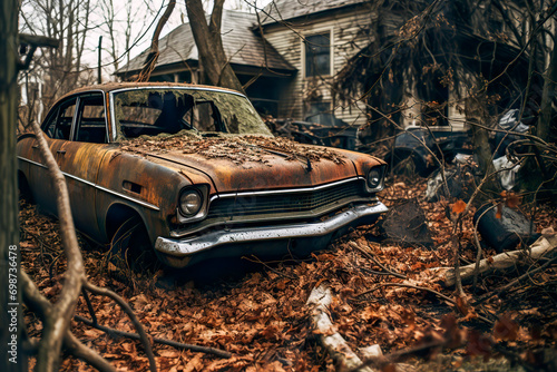 Generative AI illustration of derelict vintage car in a wooded area with overgrown foliage and a decaying house in the background photo