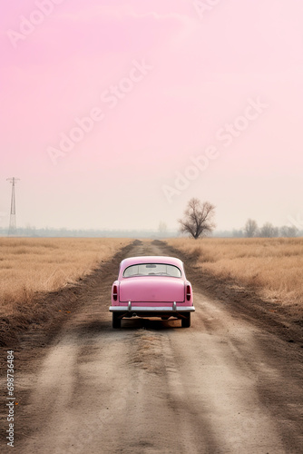 Generative AI illustration of pink vintage car on a dirt road amidst barren fields under a pastel sky photo