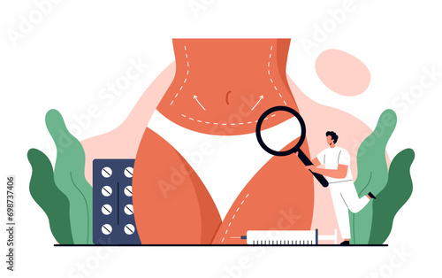 Plastic surgeon concept. Surgical lines on the female body. Liposuction surgery, fat loss procedure. Vector illustration in cartoon style. Isolated on white background.