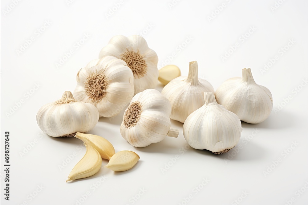 Aromatic garlic bulbs on white backdrop, ideal for captivating visuals in ads and packaging designs. Aromatic garlic bulbs on white backdrop, ideal for captivating visuals in ads and packaging designs.