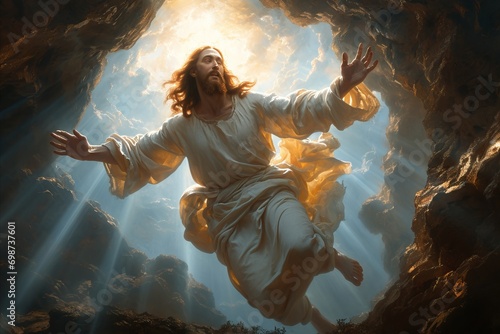 The awe inspiring resurrection and ascension of jesus christ in the radiant heavenly sky photo