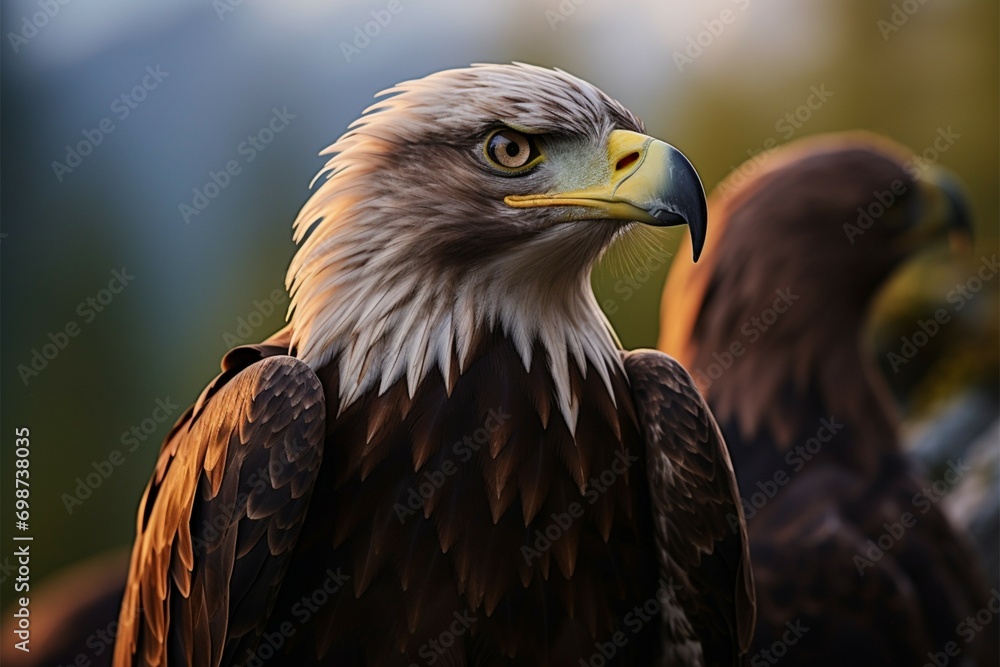 Eagles regal pose a portrait set against a lush forest Eagles regal pose a portrait set against a lush forest