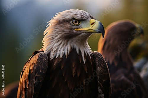 Eagles regal pose a portrait set against a lush forest