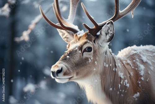 Frosty elegance reindeer roam a winter forest, embodying the magic of the season © Jawed Gfx