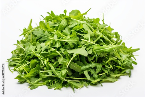 Fresh arugula leaves on a clean white background for advertisements and packaging designs