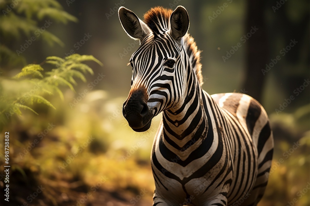 Natures contrast zebras portrait against the greenery of the forest - obrazy, fototapety, plakaty 
