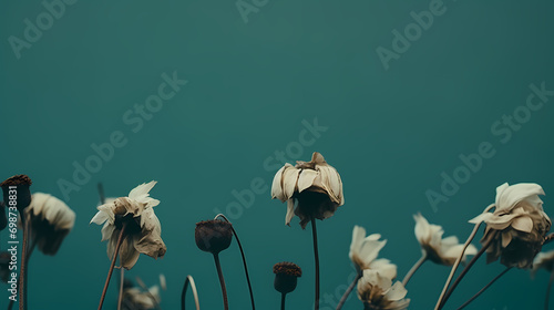 Withered floral background, dark withered and dry flowers on blue green soft background with copy space, nostalgic, melancholy mood photo