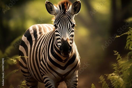 Natures contrast zebras portrait against the greenery of the forest