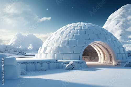 Arctic serenity an igloo backdrop presents a tranquil scene of snowy landscapes