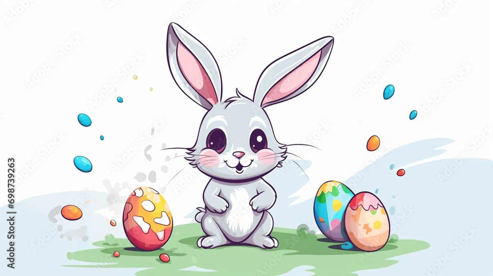 copy space, simple vector illustration, cute easter bunny painting easter eggs with a brush, cartoon hand drawn style appealing to children. Beautiful background for easter, invitation card, greeting copy space, simple vector illustration, cute easter bunny painting easter eggs with a brush, cartoon hand drawn style appealing to children. Beautiful background for easter, invitation card, greeting