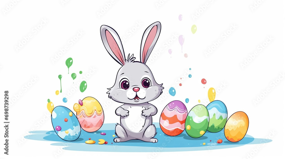 copy space, simple vector illustration, cute easter bunny painting easter eggs with a brush, cartoon hand drawn style appealing to children. Beautiful background for easter, invitation card, greeting copy space, simple vector illustration, cute easter bunny painting easter eggs with a brush, cartoon hand drawn style appealing to children. Beautiful background for easter, invitation card, greeting