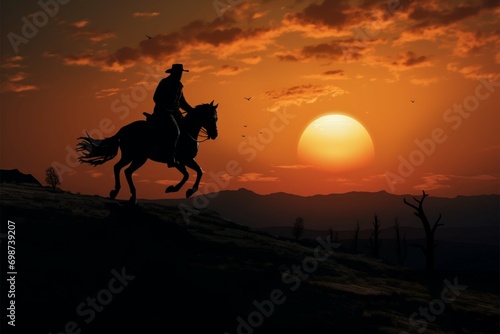Sunset rider a Wrangler atop a horse epitomizes Western charm in the evening