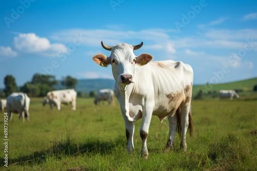 Grazing idyll cows enjoying bright green grass in the meadow © Jawed Gfx