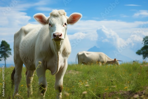 Meadow encounter a white cow captivates in the green expanse
