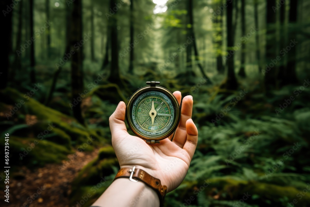 Finding north with compass in hand, in the middle of exploring a forest