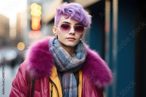 Stylish Non-binary Individual with Lilac Hair Posing on the Street © Ximena