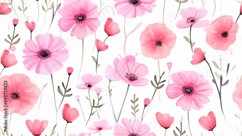 Pink wildflowers watercolor seamless wallpaper with white background. Background for scrapbooking, crafts or art projects