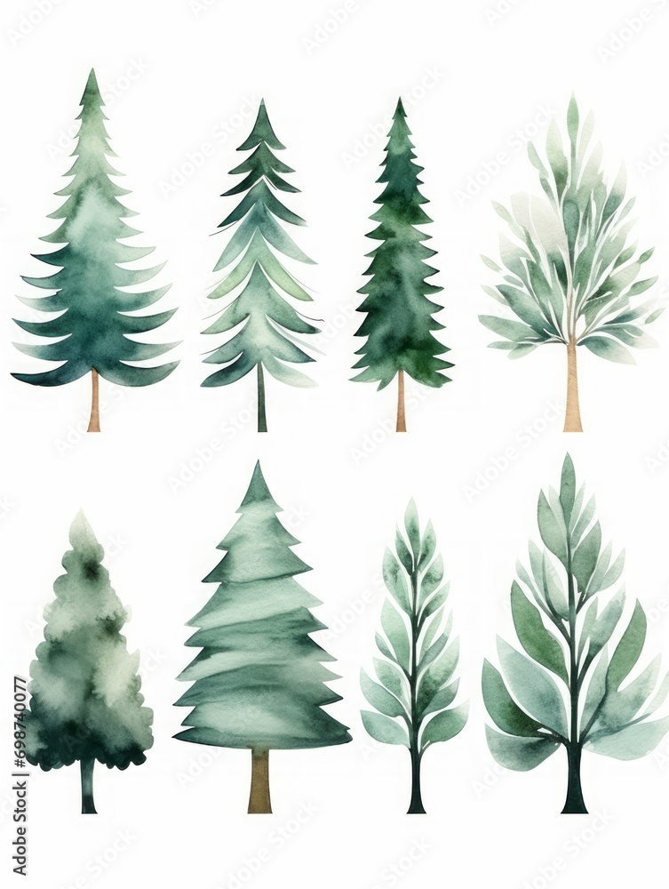 Watercolor set of Christmas trees. Hand drawn illustration isolated on white background. Generative AI