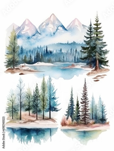 Watercolor landscape with pine trees, mountains and lake. Hand drawn illustration. Generative AI