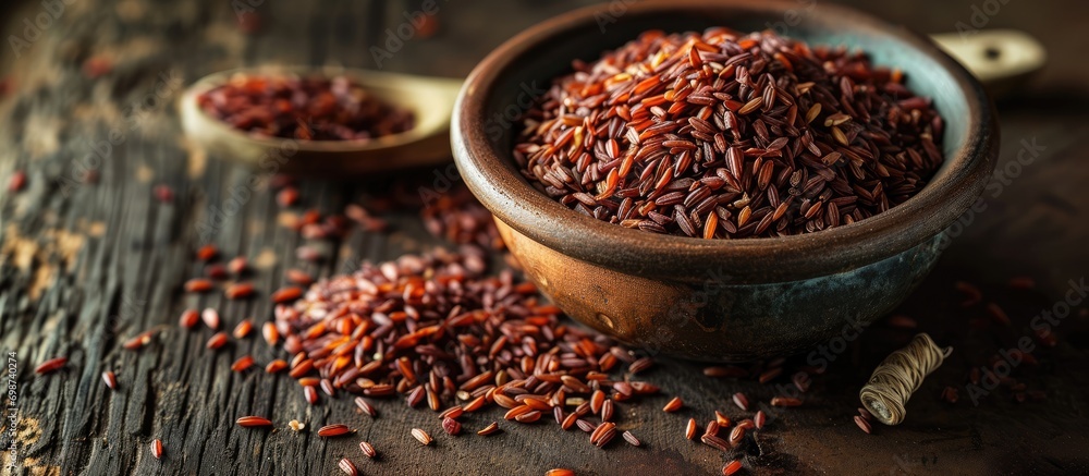 Red yeast rice, dried, in bowl and on spoon.