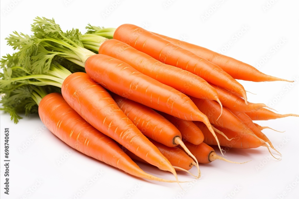 Fresh carrots on white backdrop for captivating ads, marketing campaigns, and packaging designs Fresh carrots on white backdrop for captivating ads, marketing campaigns, and packaging designs