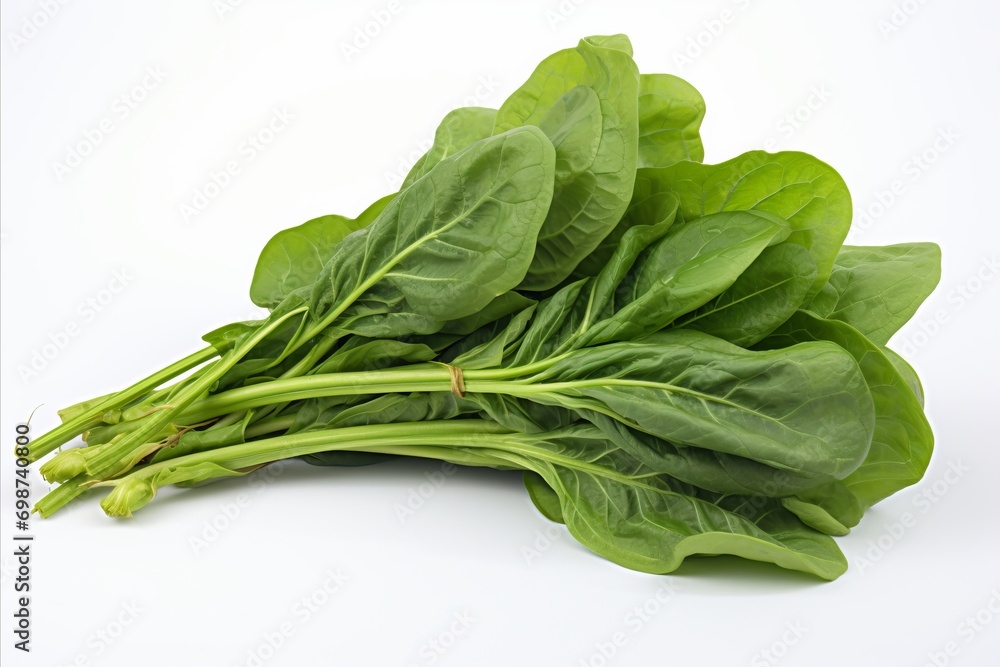 Vibrant spinach leaves on a white backdrop for captivating visuals in ads and packaging Vibrant spinach leaves on a white backdrop for captivating visuals in ads and packaging
