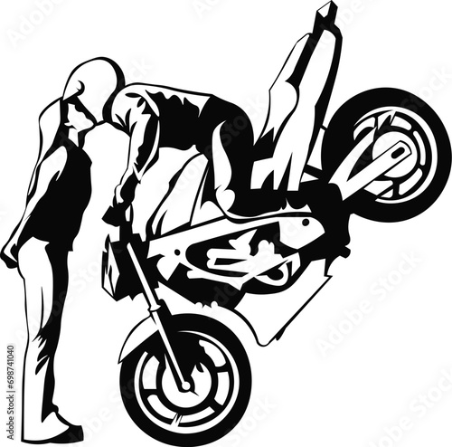 Cartoon Black and White Isolated Illustration Vector Of A Person Doing Dirt Bike Stunts On 1 Wheel