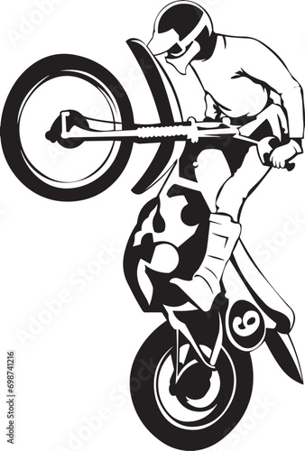 Cartoon Black and White Isolated Illustration Vector Of A Person Doing Dirt Bike Stunts On 1 Wheel