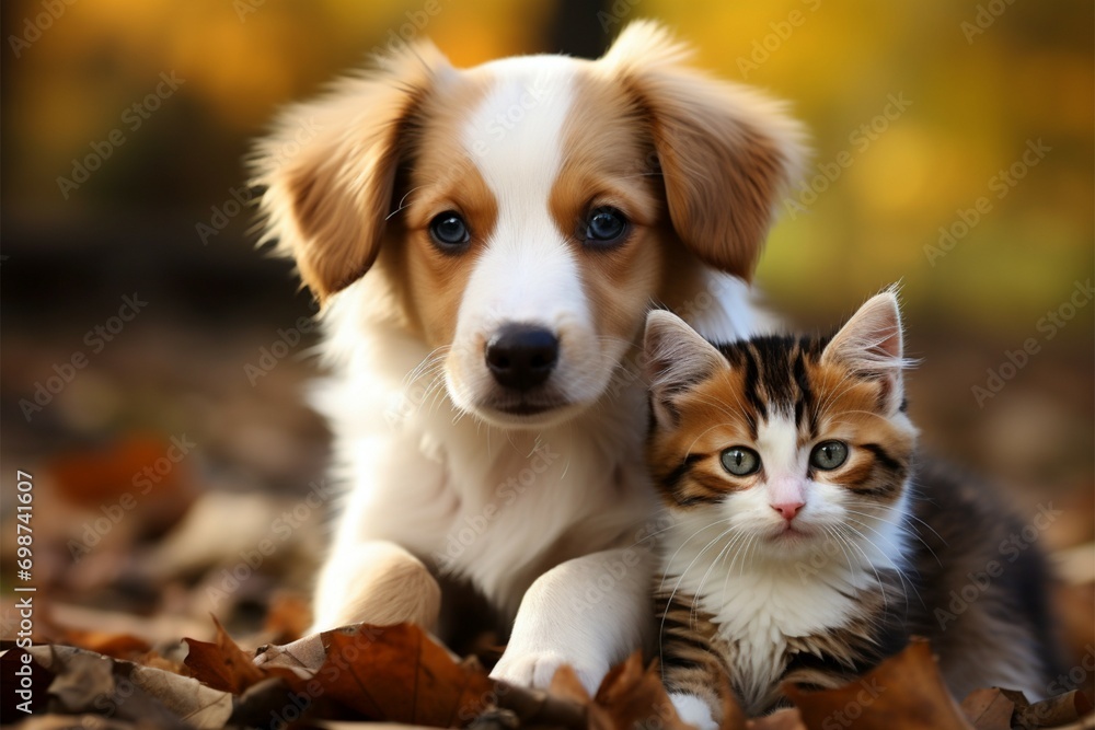 Adorable team a kitty and puppy unite in play, showcasing irresistible cuteness