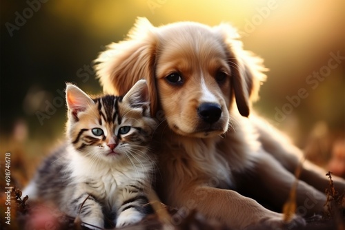 Playful pair a kitty and puppy enjoy shared moments, embodying delightful camaraderie