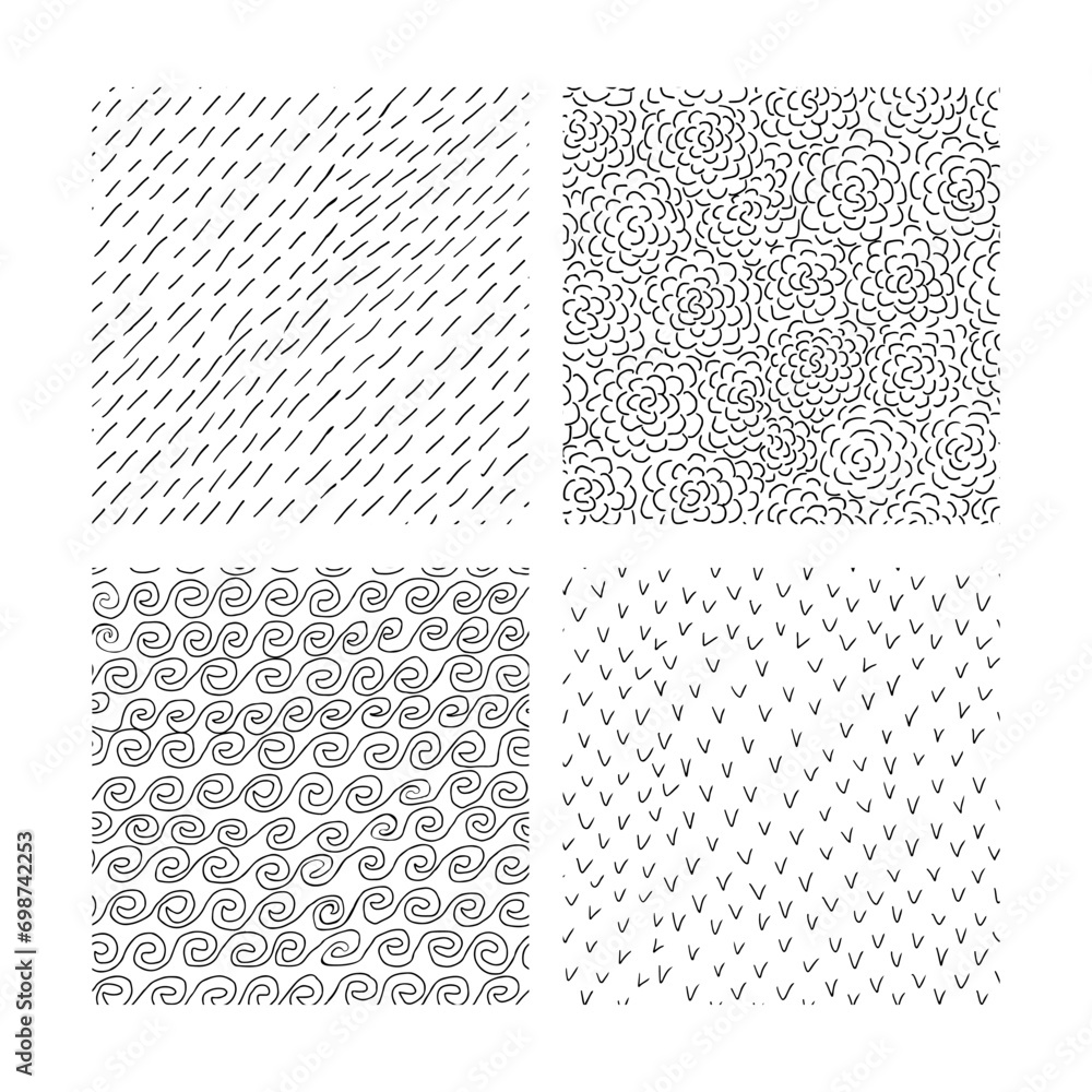 Set of ink hand drawn abstract seamless textures