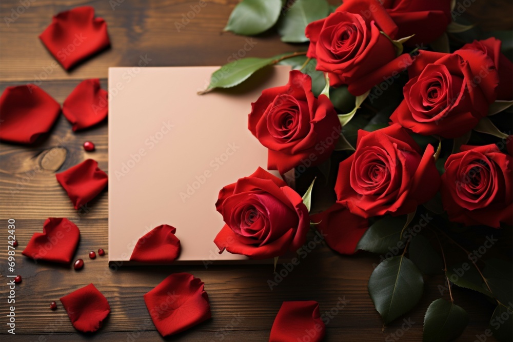Romantic elegance top view of red roses with a blank card Romantic elegance top view of red roses with a blank card