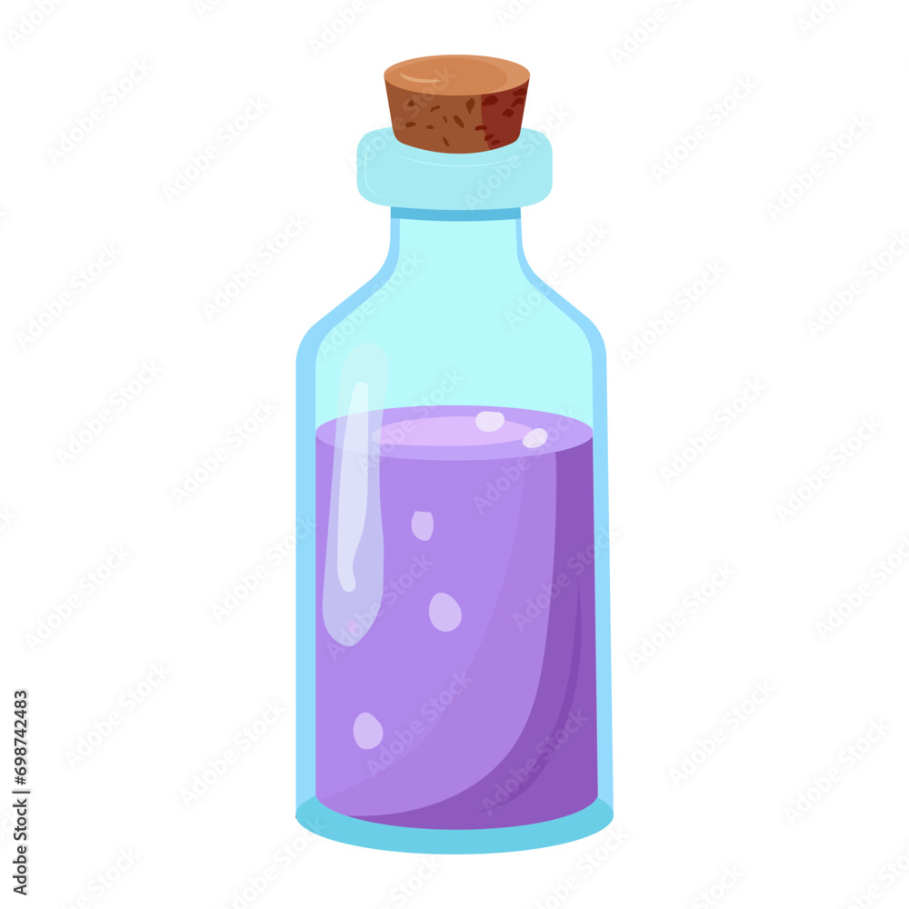 Lavender oil for spa treatments and aromatherapy. Glass bottle with lilac liquid. Vector illustration in flat style isolated on white background. Vector illustration Lavender oil for spa treatments and aromatherapy. Glass bottle with lilac liquid. Vector illustration in flat style isolated on white background. Vector illustration