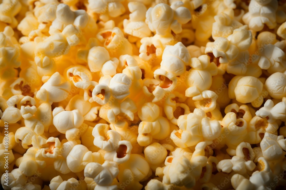 Cinematic allure popcorn kernels on a background create a visually appealing and textured scene Cinematic allure popcorn kernels on a background create a visually appealing and textured scene