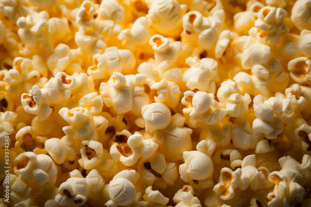 Playful popcorn display a background showcases the crunchy delight of popped kernels Playful popcorn display a background showcases the crunchy delight of popped kernels