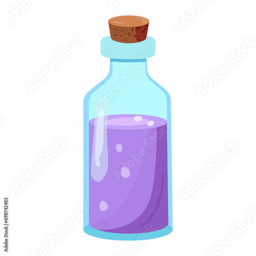Lavender oil for spa treatments and aromatherapy. Glass bottle with lilac liquid. Vector illustration in flat style isolated on white background. Vector illustration