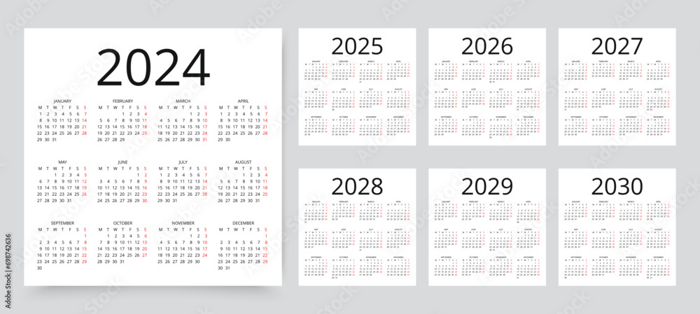 2024, 2025, 2026, 2027, 2028, 2029, 2030 calendars. Calender templates. Week starts Monday. Desk planner layout. Yearly diary with 12 month in simple design. Organizer in English. Vector illustration - obrazy, fototapety, plakaty 