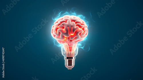 Creative idea of brain inside light bulb with idea or brainstorming concept on beige background photo