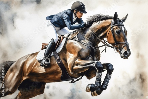 Watercolor painting of hunter jumper equestrian equipment and horse riding sports. Generative AI photo