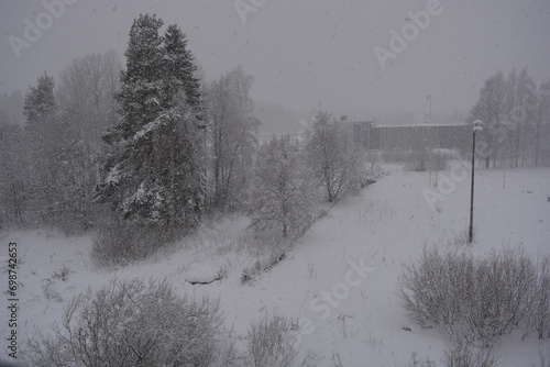 Beautiful real nature, winter, winter mood, a lot of snow in the city of Varkaus, Finland. photo