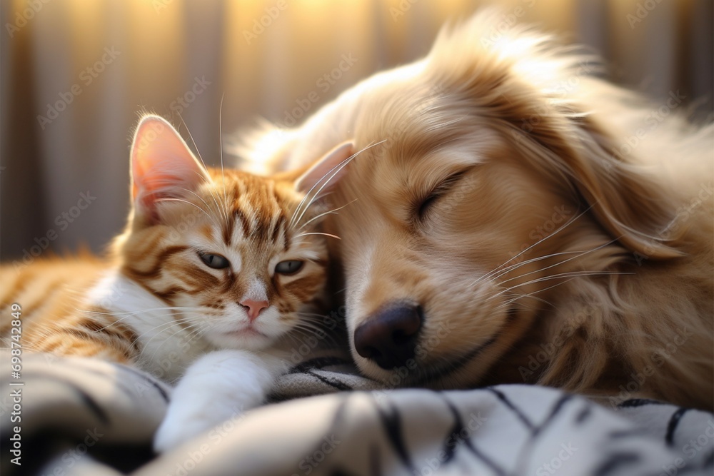Pet harmony cat and dog snuggle in peaceful coexistence during a shared nap