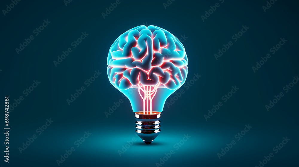 Fototapeta premium Creative idea of brain inside light bulb with idea or brainstorming concept on beige background
