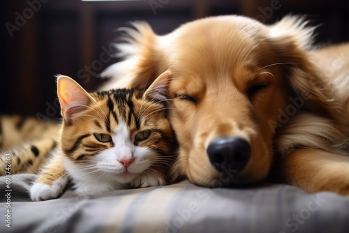 Serenity reigns as cat and dog peacefully share a blissful sleeping arrangement © Jawed Gfx