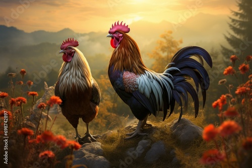 Meadow king a majestic rooster reigns over the peaceful landscape