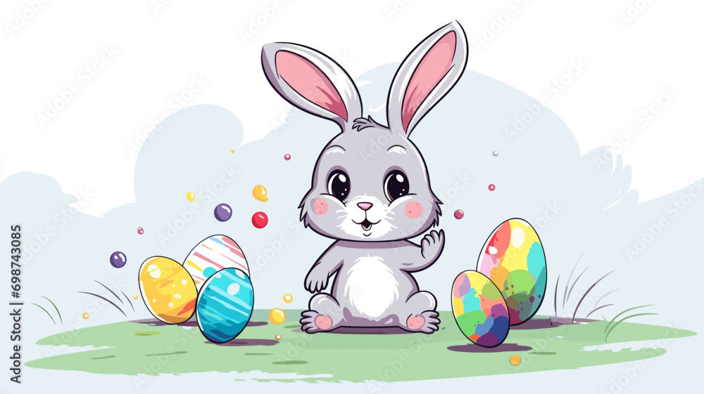 Fototapeta premium copy space, simple vector illustration, cute easter bunny painting easter eggs with a brush, cartoon hand drawn style appealing to children. Beautiful background for easter, invitation card, greeting 