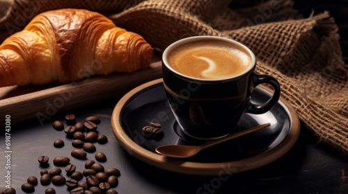 A cup of coffee and croissants