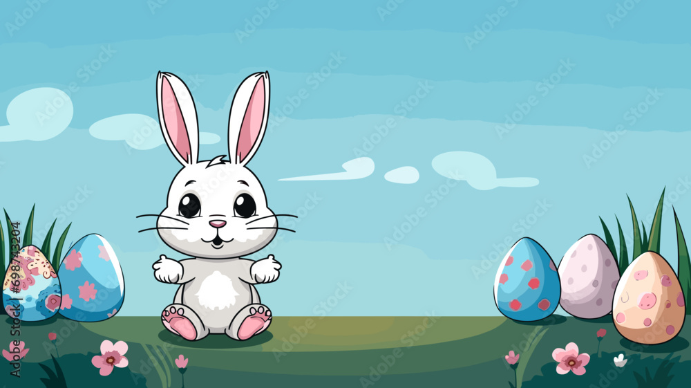 copy space, simple vector illustration, cute easter bunny painting easter eggs with a brush, cartoon hand drawn style appealing to children. Beautiful background for easter, invitation card, greeting copy space, simple vector illustration, cute easter bunny painting easter eggs with a brush, cartoon hand drawn style appealing to children. Beautiful background for easter, invitation card, greeting